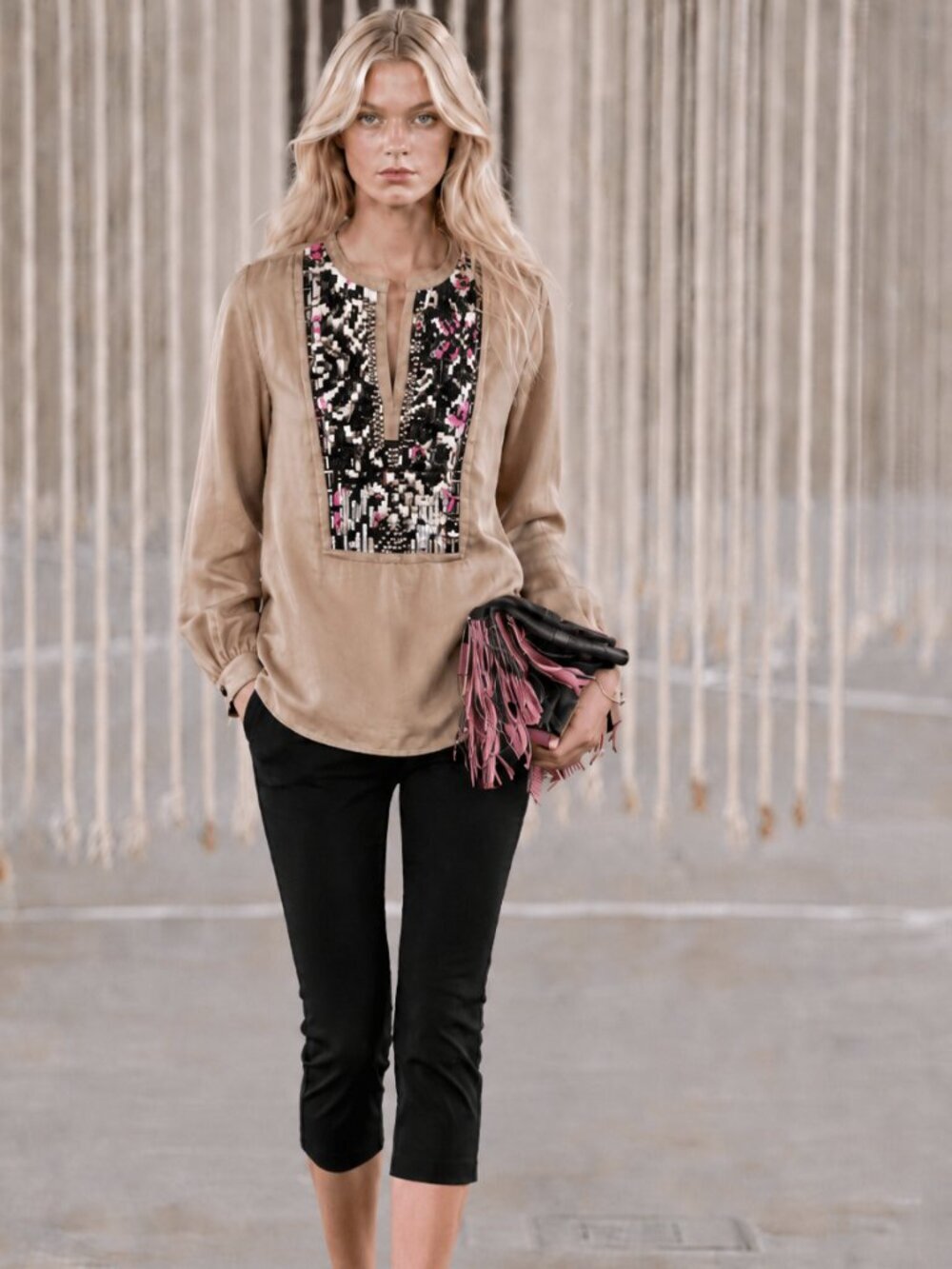 Silk blend Tunic with silver stud details along neckline